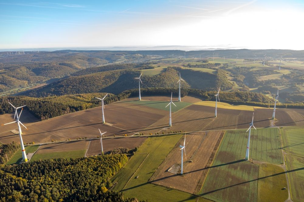 Aerial image Lichtenau - Wind turbine windmills on agricultural fields in Lichtenau in the state North Rhine-Westphalia, Germany