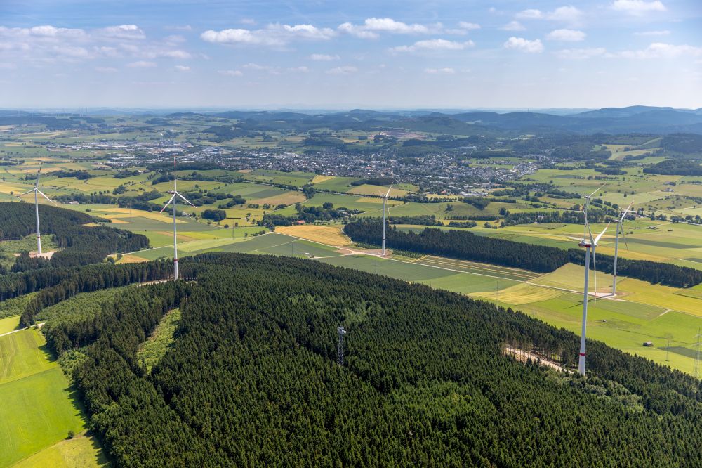 Brilon from above - Wind turbine windmills on a field nearby Brilon at Sauerland in the state North Rhine-Westphalia, Germany