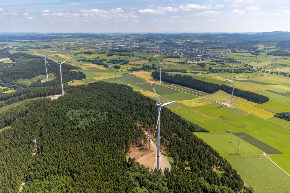 Brilon from the bird's eye view: Wind turbine windmills on a field nearby Brilon at Sauerland in the state North Rhine-Westphalia, Germany