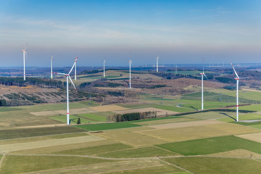 Aerial image Brilon - Wind turbine windmills on a field nearby Brilon at Sauerland in the state North Rhine-Westphalia, Germany