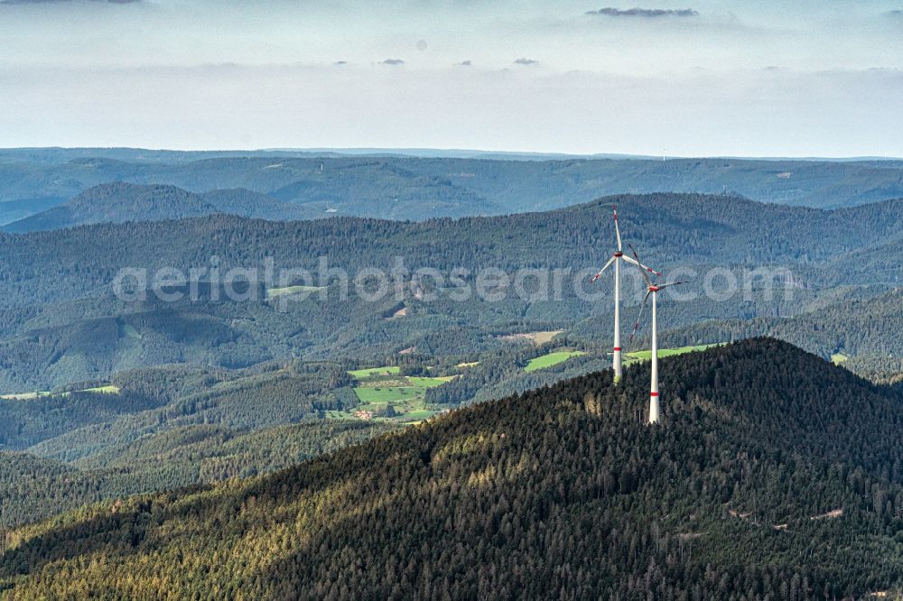 Fischerbach from the bird's eye view: Wind turbine windmills (WEA) in a forest area in Fischerbach in the state Baden-Wurttemberg, Germany