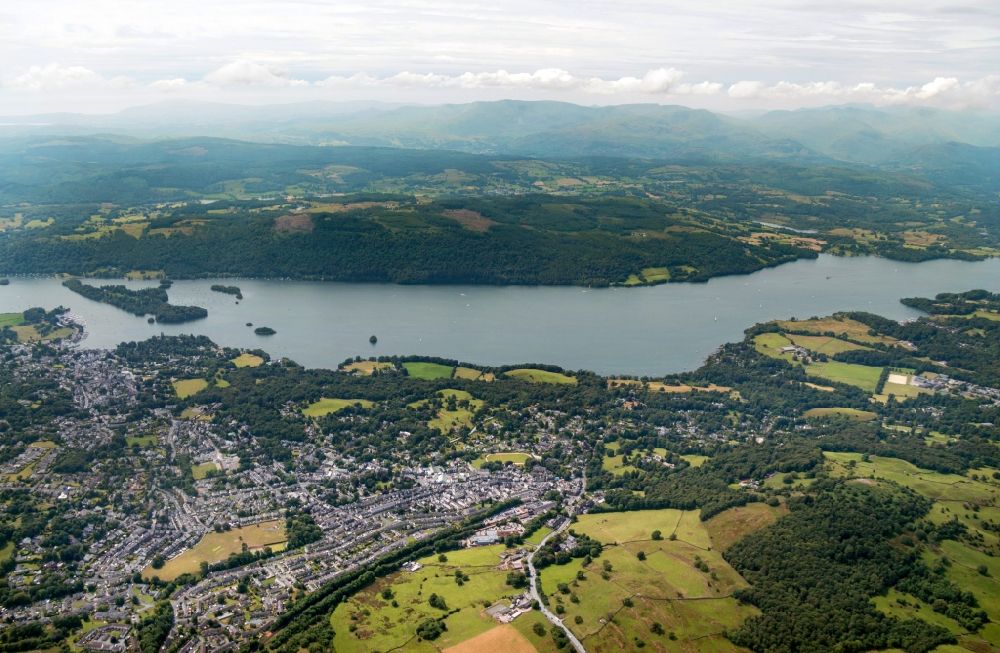 Windermere from above - Cityscape of Windermere and the lake of the same name located in the National park Lake District in Cumbria, England in United Kingdom