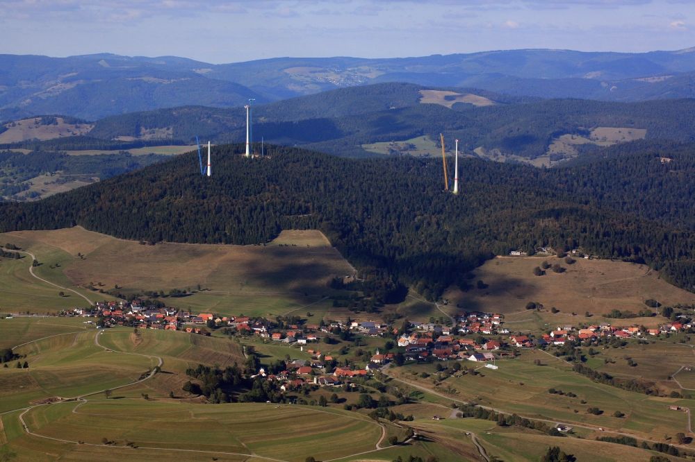 Schopfheim from above - On the Rohrenkopf, the local mountain of Gersbach, a district of Schopfheim in Baden-Wuerttemberg, 5 wind turbines are built. It is the first wind farm in the south of the Black Forest