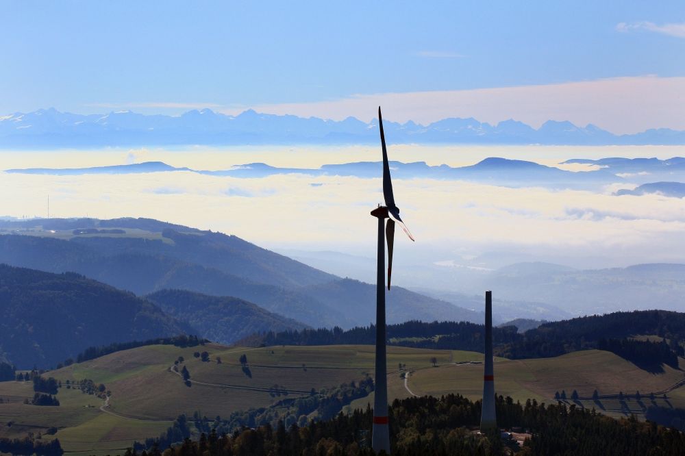 Aerial image Schopfheim - On the summit of the Rohrenkopf, the local mountain of Gersbach, a district of Schopfheim in Baden-Wuerttemberg, wind turbines are built. It is the first wind farm in the south of the Black Forest
