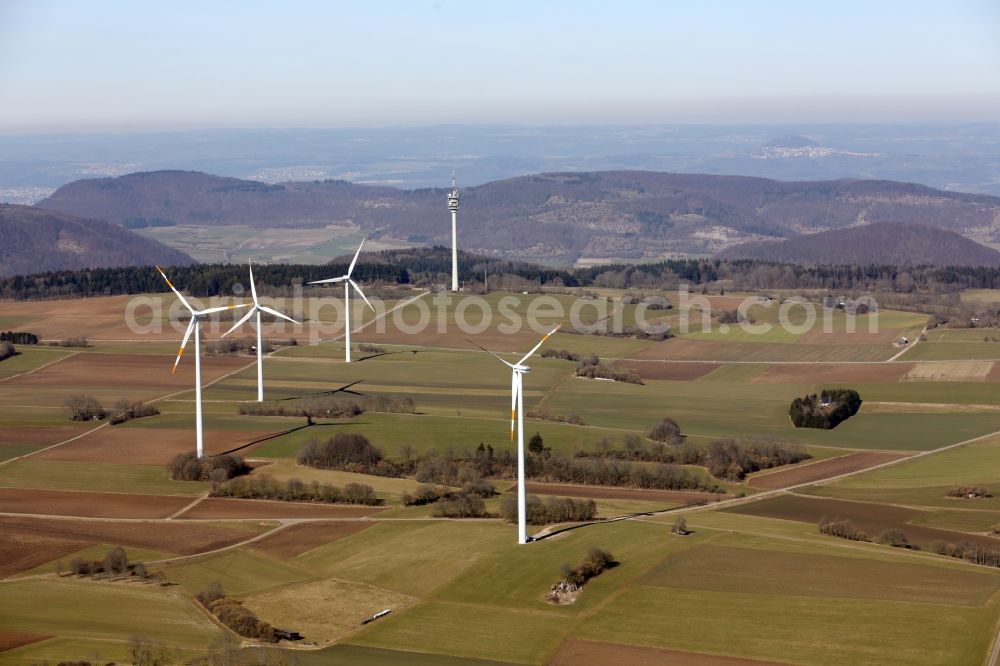 Geislingen an der Steige from the bird's eye view: Wind power plant on the fields around Aufhausen, a district of Geislingen an der Steige in the Swabian Alb in the state Baden-Wuerttemberg. In the background you can see the Aufi Tower, a police radio tower