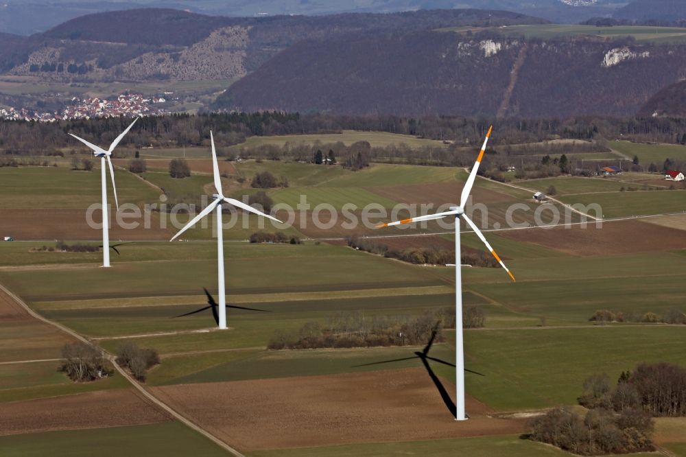 Aerial image Geislingen an der Steige - Wind power plant on the fields around Aufhausen, a district of Geislingen an der Steige in the Swabian Alb in the state Baden-Wuerttemberg