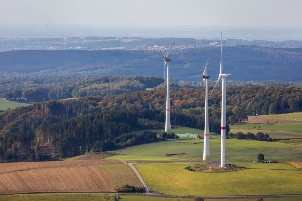 Sundern (Sauerland) from above - Wind turbines on a field between Menden and Sundern in the Sauerland in the state North Rhine-Westphalia, Germany
