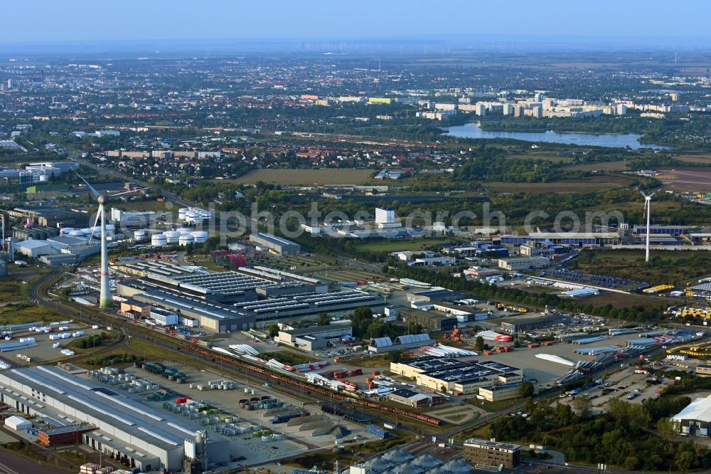 Magdeburg from the bird's eye view: Wind turbine assembly and manufacturing plant in the industrial area of Windgeneratorenfertigung Magdeburg GmbH in Magdeburg in the state Saxony-Anhalt, Germany