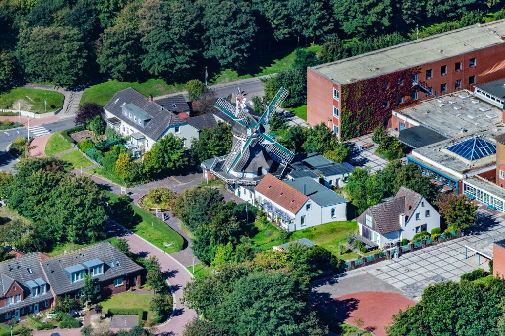 Aerial image Norderney - Historical windmill monument Selden Ruest on Norderney in the state of Lower Saxony, Germany