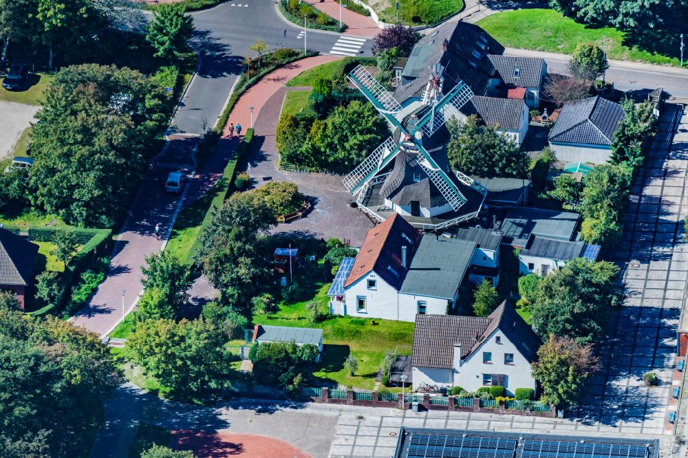 Aerial photograph Norderney - Historical windmill monument Selden Ruest on Norderney in the state of Lower Saxony, Germany