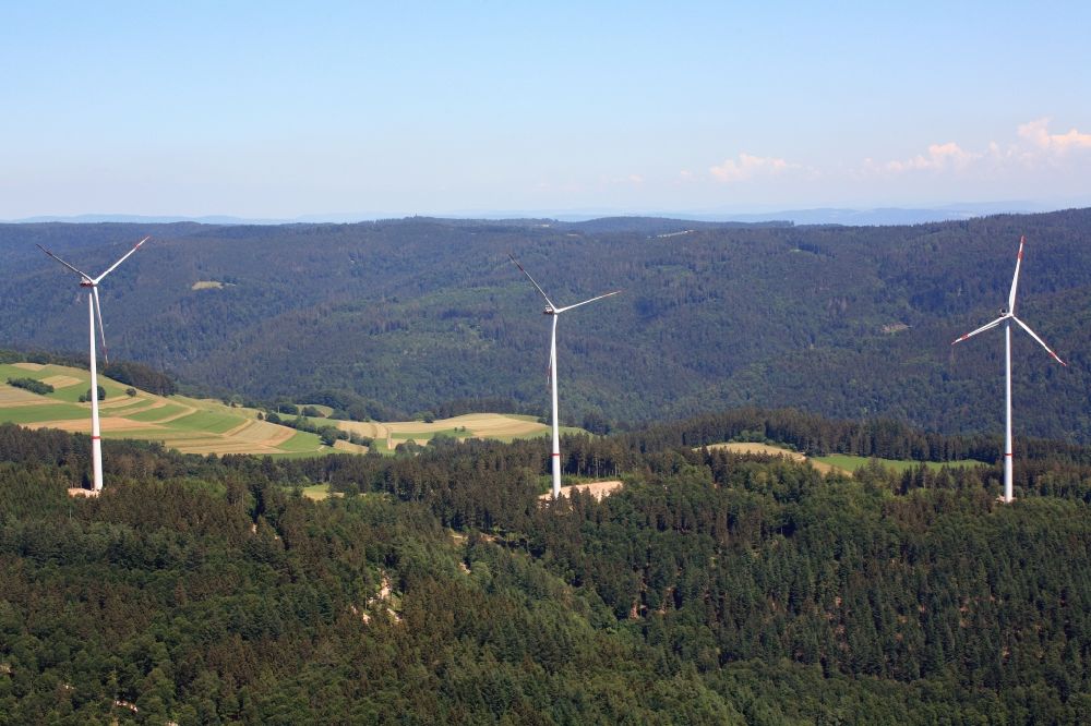 Hasel from above - Looking over the three wind turbines of the wind farm Glaserkopf in the Southern Black Forest in Hasel, Baden-Wurttemberg