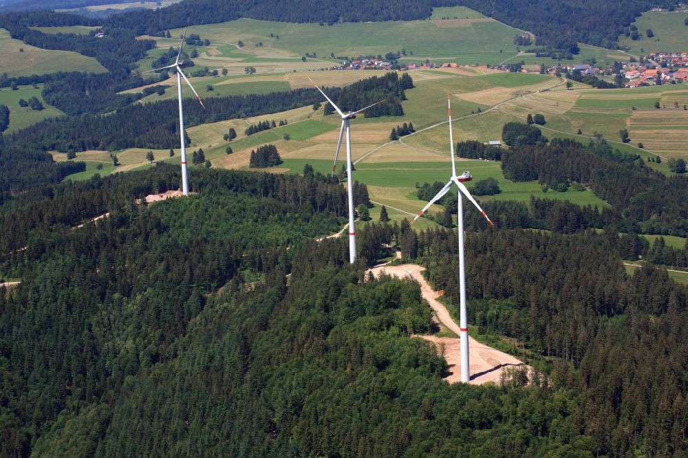 Aerial image Hasel - Looking over the three wind turbines of the wind farm Glaserkopf in the Southern Black Forest in Hasel, Baden-Wurttemberg