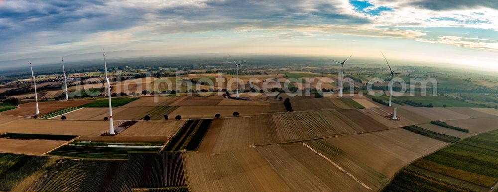 Aerial image Freckenfeld - Wind turbine windmills on a field in Freckenfeld in the state Rhineland-Palatinate, Germany