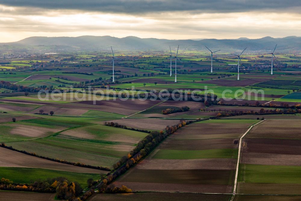 Freckenfeld from the bird's eye view: Wind turbine windmills on a field in Freckenfeld in the state Rhineland-Palatinate, Germany