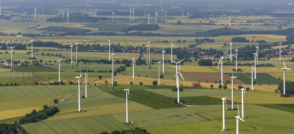 Aerial image Rüthen - Landscape with wind turbines and fields at Ruethen in the state of North Rhine-Westphalia