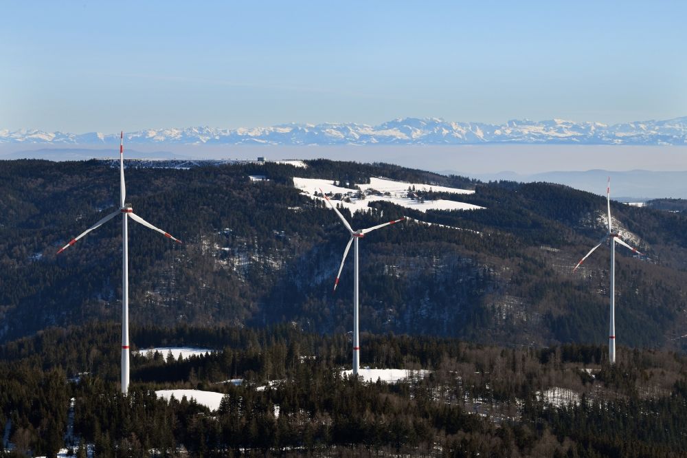 Aerial image schopfheim - Looking over the wind turbines of the wind farms in the Southern Black Forest in Hasel, Baden-Wurttemberg. At the horizon the snow covered Swiss Alps
