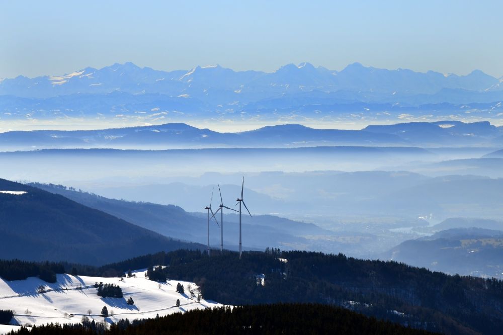 Hasel from the bird's eye view: Looking over the three wind turbines of the wind farm Glaserkopf in the Southern Black Forest in Hasel, Baden-Wurttemberg
