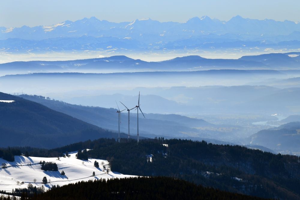 Aerial image Hasel - Looking over the three wind turbines of the wind farm Glaserkopf in the Southern Black Forest in Hasel, Baden-Wurttemberg
