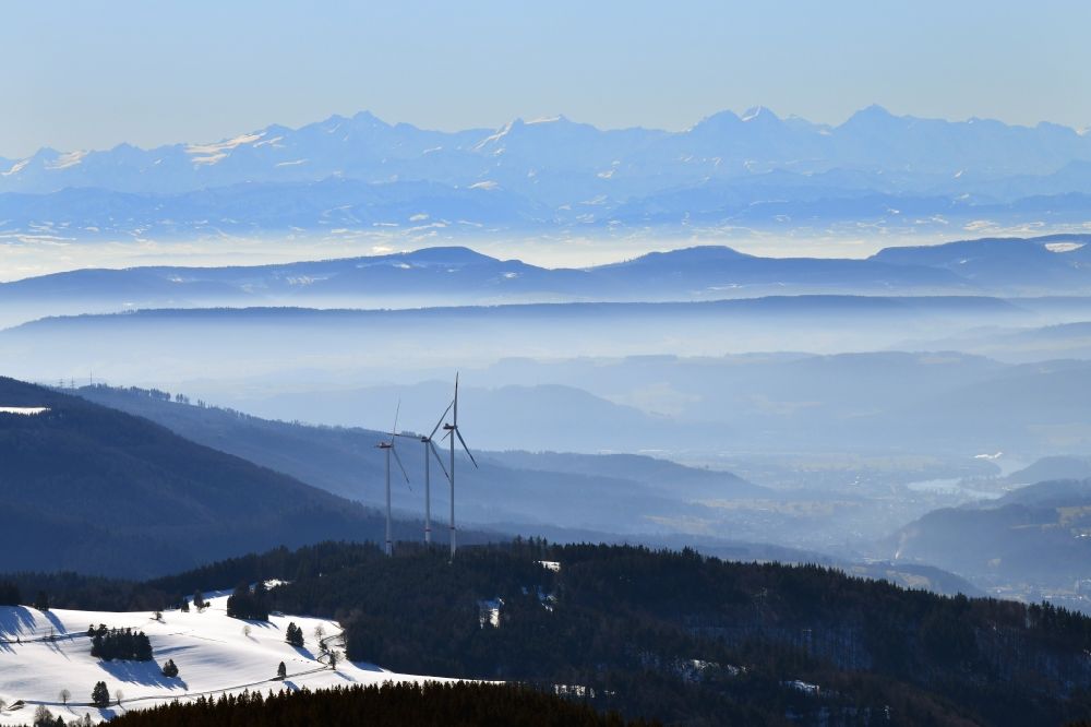 Aerial photograph Hasel - Looking over the three wind turbines of the wind farm Glaserkopf in the Southern Black Forest in Hasel, Baden-Wurttemberg