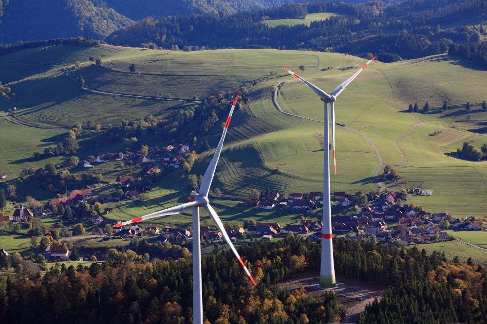 Schopfheim from above - On the Rohrenkopf, the local mountain of Gersbach, a district of Schopfheim in Baden-Wuerttemberg, wind turbines have started operation. It is the first wind farm in the south of the Black Forest