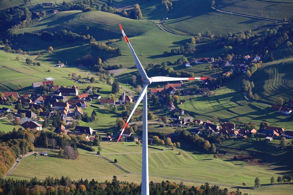 Schopfheim from the bird's eye view: On the Rohrenkopf, the local mountain of Gersbach, a district of Schopfheim in Baden-Wuerttemberg, wind turbines have started operation. It is the first wind farm in the south of the Black Forest