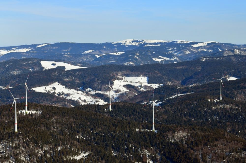 Schopfheim from above - Wind farm on the snow covered Rohrenkopf, the local mountain of Gersbach, a district of Schopfheim in Baden-Wuerttemberg