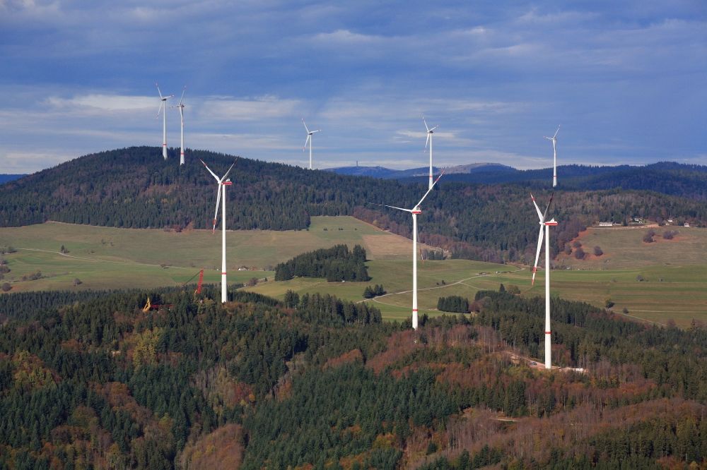 Aerial image Hasel - Looking over the three wind turbines of the wind farm Glaserkopf in the Southern Black Forest in Hasel, Baden-Wuerttemberg. In the rear the five wind turbines of the wind park Rohrenkopf in Gersbach