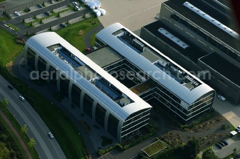 Aurich from the bird's eye view: Wind turbine assembly and manufacturing plant in the industrial area of ENERCON GmbH, the Enercon-innovationcentre and KTA synthetic material technology Aurich GmbH on Borsigstrasse in Aurich in the state Lower Saxony