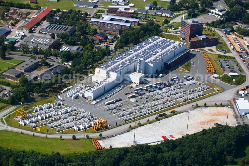 Osterrönfeld from above - Wind turbine assembly and manufacturing plant in the industrial area of Max Boegl Fertigteilwerke GmbH & Co. KG in the district Stampfmuehle in Osterroenfeld in the state Schleswig-Holstein, Germany