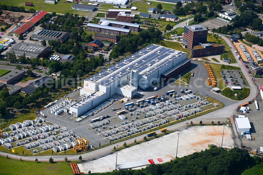 Osterrönfeld from the bird's eye view: Wind turbine assembly and manufacturing plant in the industrial area of Max Boegl Fertigteilwerke GmbH & Co. KG in the district Stampfmuehle in Osterroenfeld in the state Schleswig-Holstein, Germany