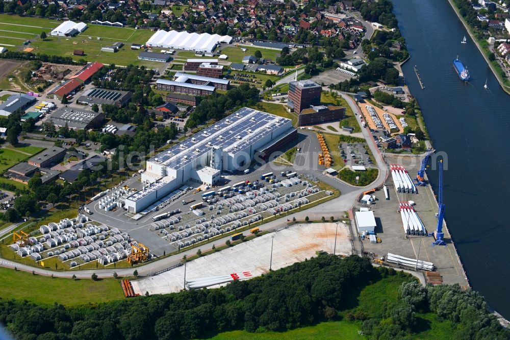 Aerial image Osterrönfeld - Wind turbine assembly and manufacturing plant in the industrial area of Max Boegl Fertigteilwerke GmbH & Co. KG in the district Stampfmuehle in Osterroenfeld in the state Schleswig-Holstein, Germany
