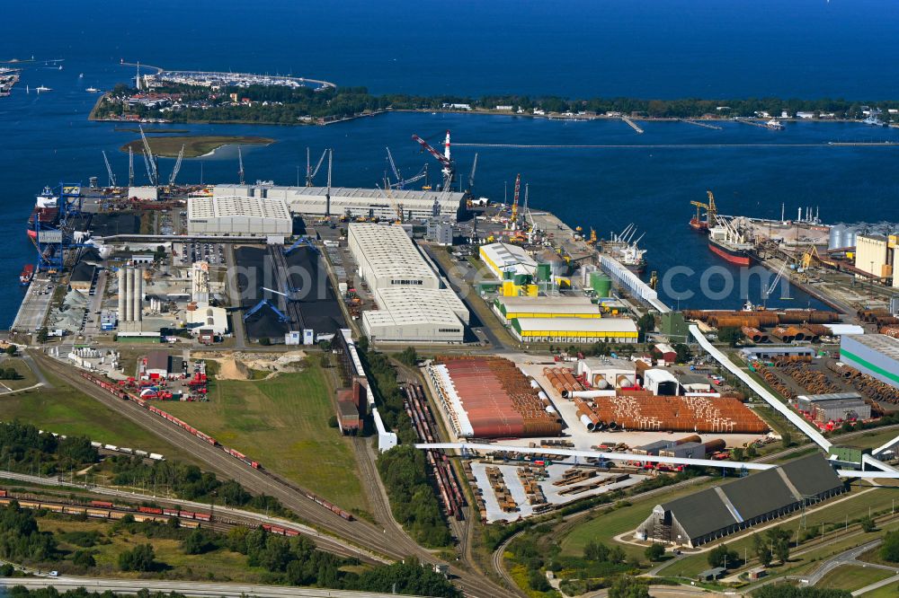 Aerial image Rostock - Wind turbine assembly and manufacturing plant in the industrial area of the port in the district Peez in Rostock at the baltic sea coast in the state Mecklenburg - Western Pomerania, Germany