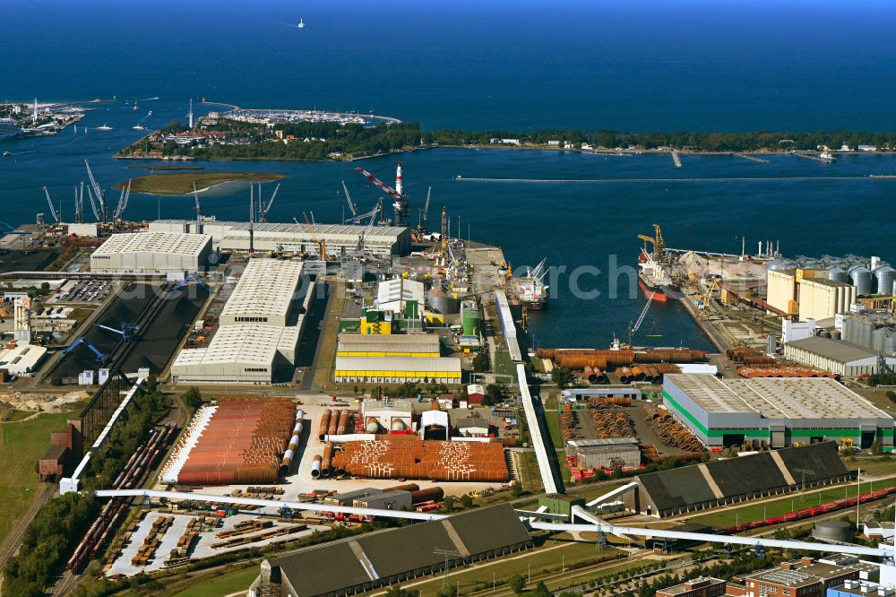 Rostock from above - Wind turbine assembly and manufacturing plant in the industrial area of the port in the district Peez in Rostock at the baltic sea coast in the state Mecklenburg - Western Pomerania, Germany