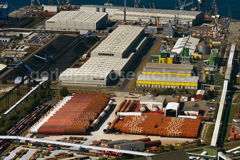 Rostock from the bird's eye view: Wind turbine assembly and manufacturing plant in the industrial area of the port in the district Peez in Rostock at the baltic sea coast in the state Mecklenburg - Western Pomerania, Germany