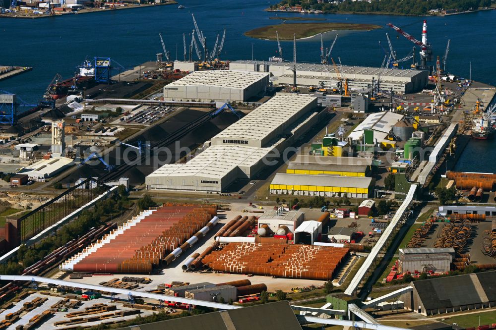 Aerial image Rostock - Wind turbine assembly and manufacturing plant in the industrial area of the port in the district Peez in Rostock at the baltic sea coast in the state Mecklenburg - Western Pomerania, Germany