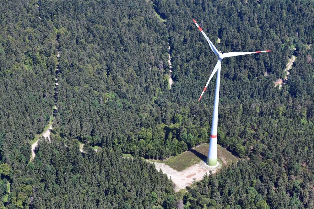 Aerial photograph Schopfheim - A wind turbine on the Rohrenkopf, the local mountain of Gersbach, a district of Schopfheim in Baden-Wuerttemberg. It was the first wind farm in the south of the Black Forest