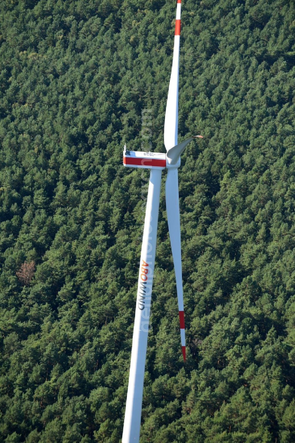Spreenhagen from the bird's eye view: Wind turbine wind power plant of ABO Wind AG in Spreenhagen in Brandenburg