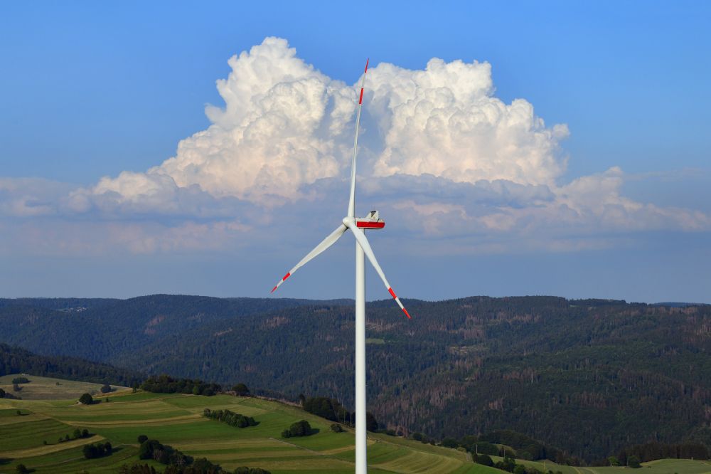 Hasel from above - Wind turbine of the wind farm Glaserkopf in the Southern Black Forest in Hasel, Baden-Wuerttemberg