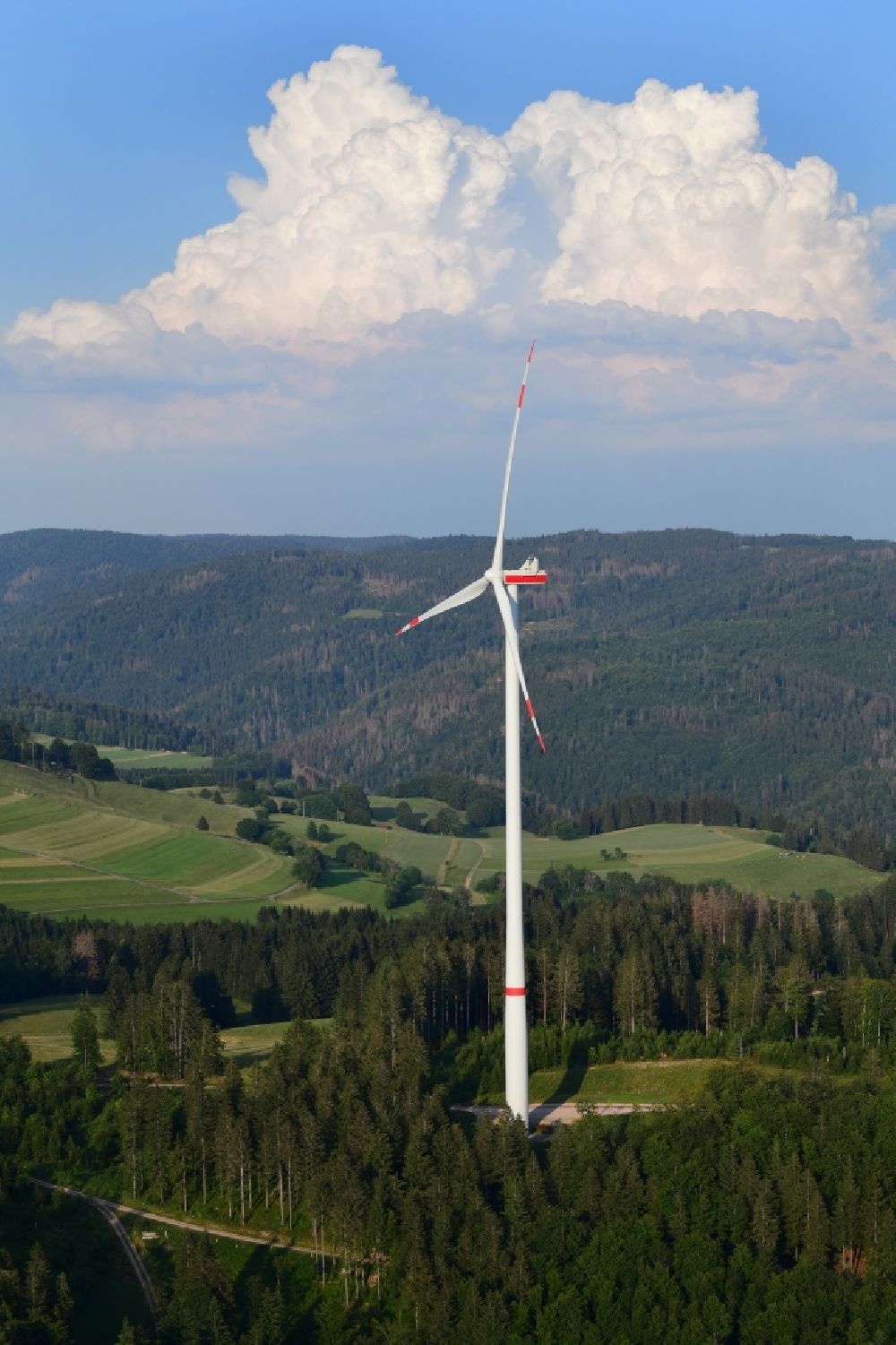 Hasel from the bird's eye view: Wind turbine of the wind farm Glaserkopf in the Southern Black Forest in Hasel, Baden-Wuerttemberg