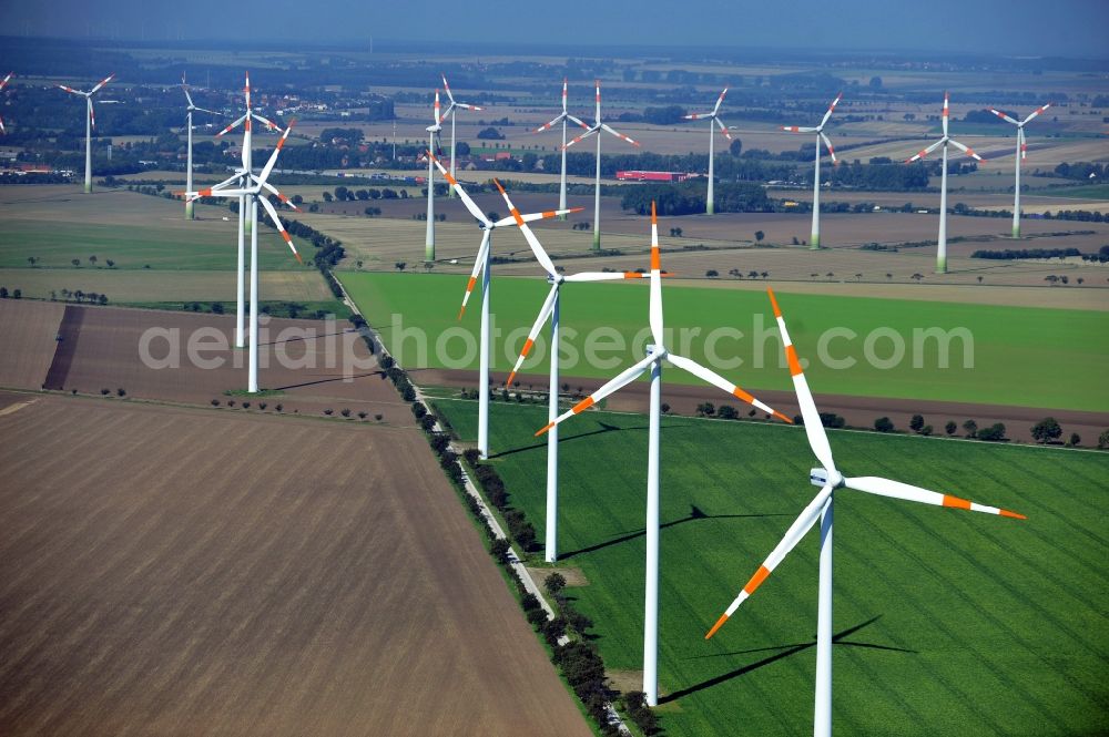 Eilsleben OT Druxberge from the bird's eye view: Wind turbines in Druxberge in the state Saxony-Anhalt