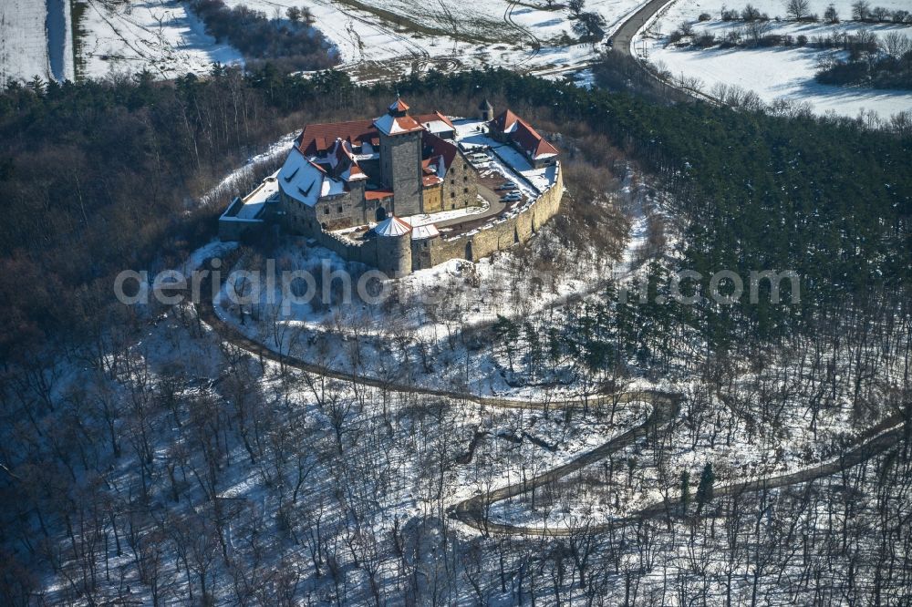 Aerial image Holzhausen - Winter covered with snow mountains of the ruin of the castle grow at Holzhausen in Thuringia