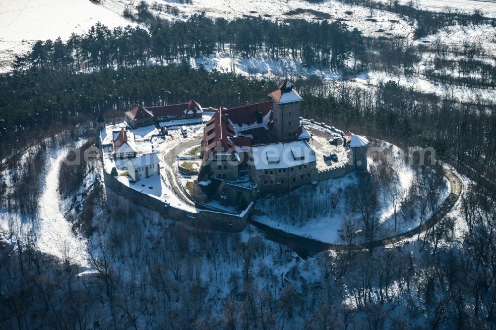 Holzhausen from the bird's eye view: Winter covered with snow mountains of the ruin of the castle grow at Holzhausen in Thuringia