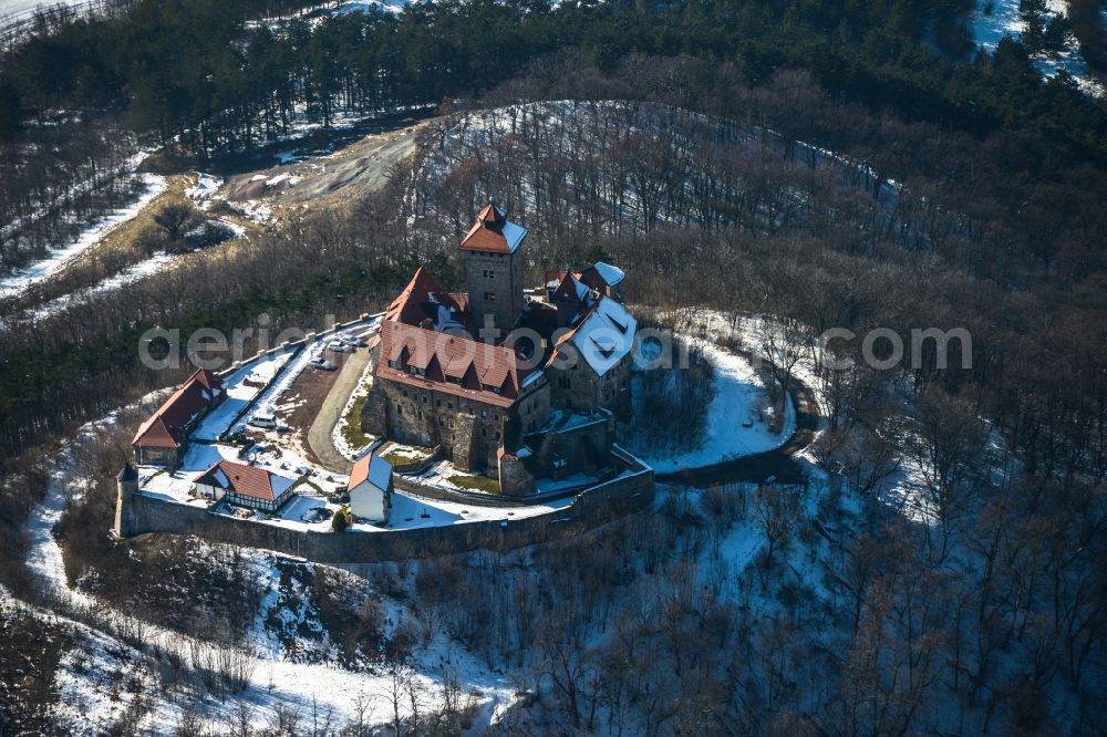 Aerial photograph Holzhausen - Winter covered with snow mountains of the ruin of the castle grow at Holzhausen in Thuringia