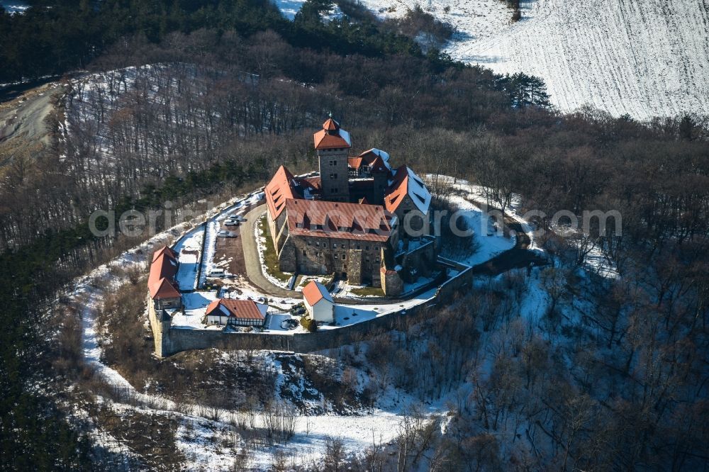 Holzhausen from above - Winter covered with snow mountains of the ruin of the castle grow at Holzhausen in Thuringia