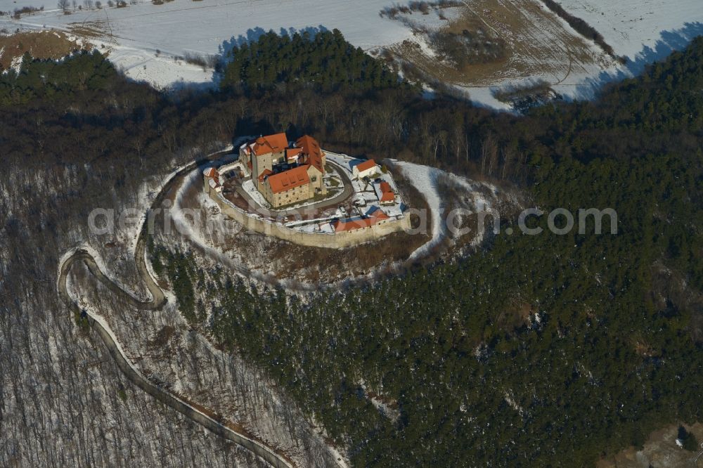Holzhausen from above - Winter covered with snow mountains of the ruin of the castle grow at Holzhausen in Thuringia