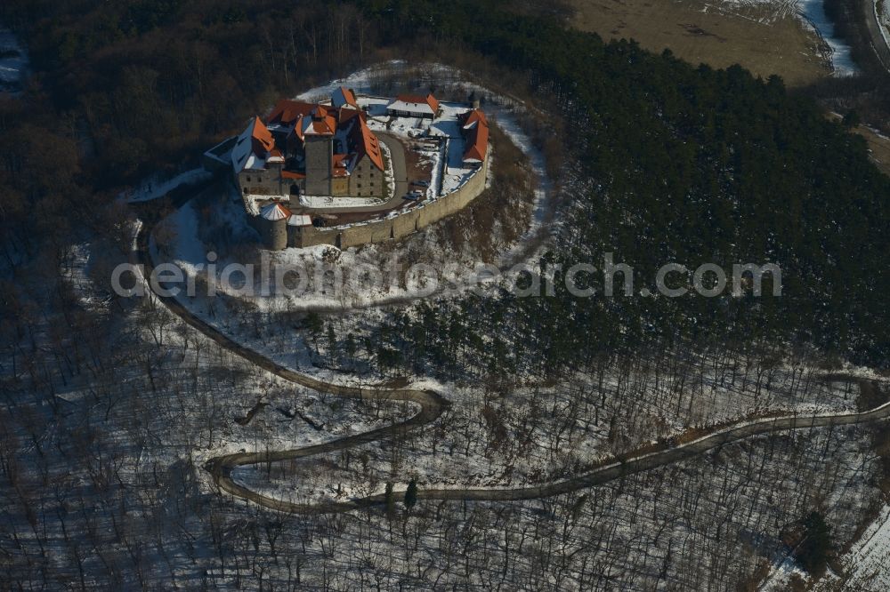 Aerial image Holzhausen - Winter covered with snow mountains of the ruin of the castle grow at Holzhausen in Thuringia