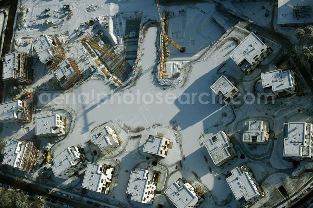 Aerial photograph Berlin - Wintry snowy building construction residential complex Five morning Dahlem Urban Village of STOFANEL group in Berlin