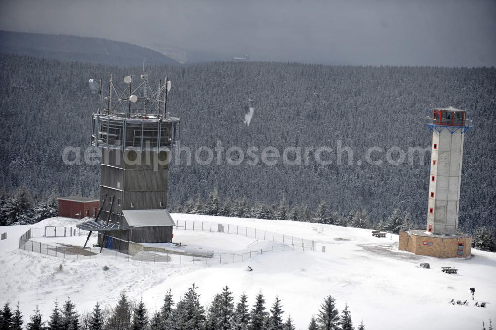 Aerial image Gehlberg - Gehlberg 03/08/2012 Wintry snow-covered hill on the snow head, the second-highest peak of the Thuringian Forest. The summit plateau is home to set up the GDR broadcasting or telecommunications tower and the new observation tower