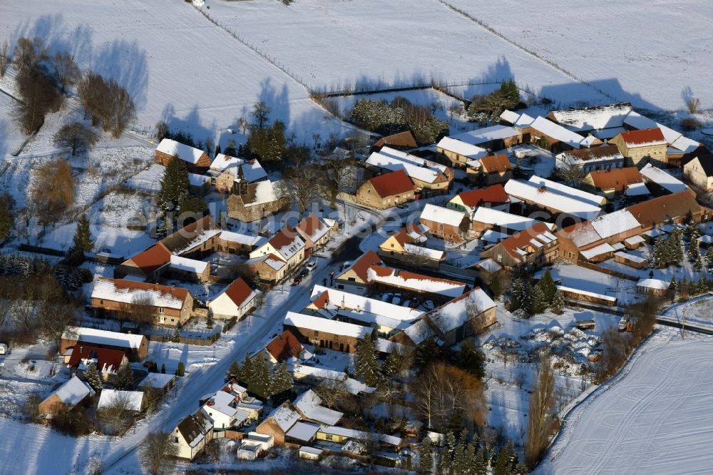 Gollwitz from above - Wintry snowy village view in Gollwitz in the state Brandenburg