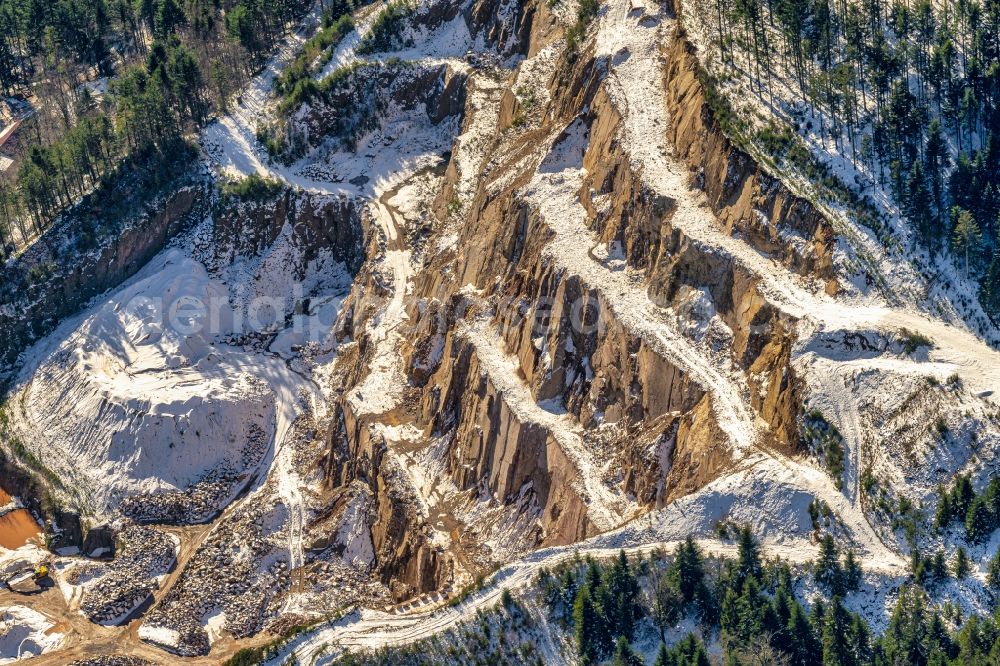 Aerial photograph Seebach - Wintry snowy Quarry for the mining and handling of Granit in Seebach in the state Baden-Wurttemberg